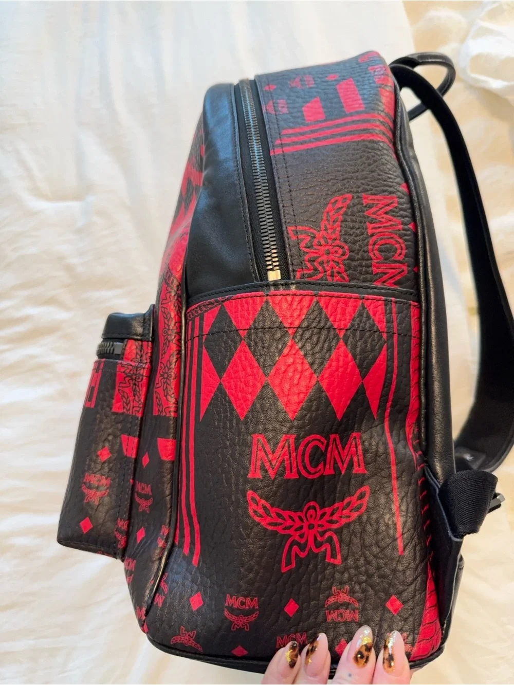MCM Red & Black Baroque Pattern Leather Backpack Medium